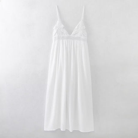 Women  Same Color Stitching Crochet Decoration Adjustable Spaghetti Strap V neck Strap Dress