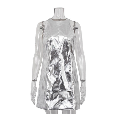 Summer Women Clothing Reflective Faux Leather Sexy Nightclub Vest Dress Sleeveless Short Dress
