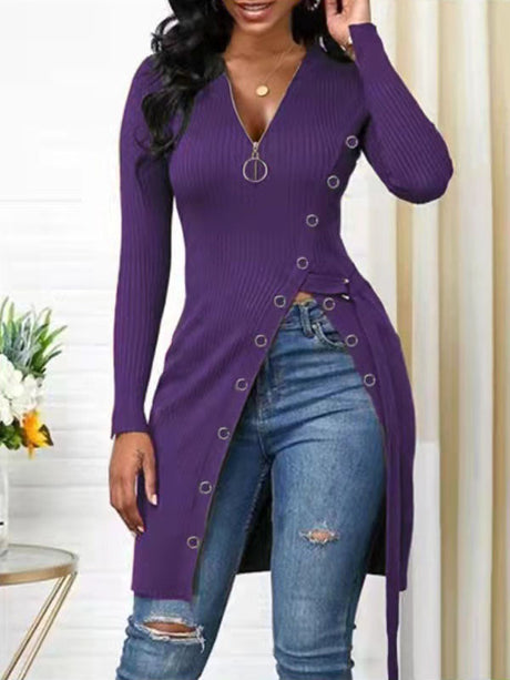 Pre-Order Autumn Winter Women Clothing V-neck Long Sleeve High Slit Thread Zipper T-shirt Top