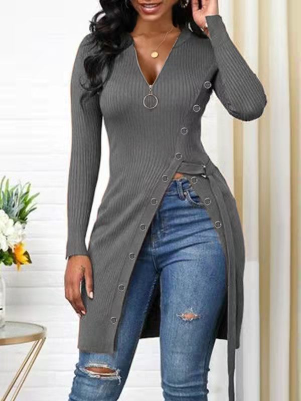 Pre-Order Autumn Winter Women Clothing V-neck Long Sleeve High Slit Thread Zipper T-shirt Top