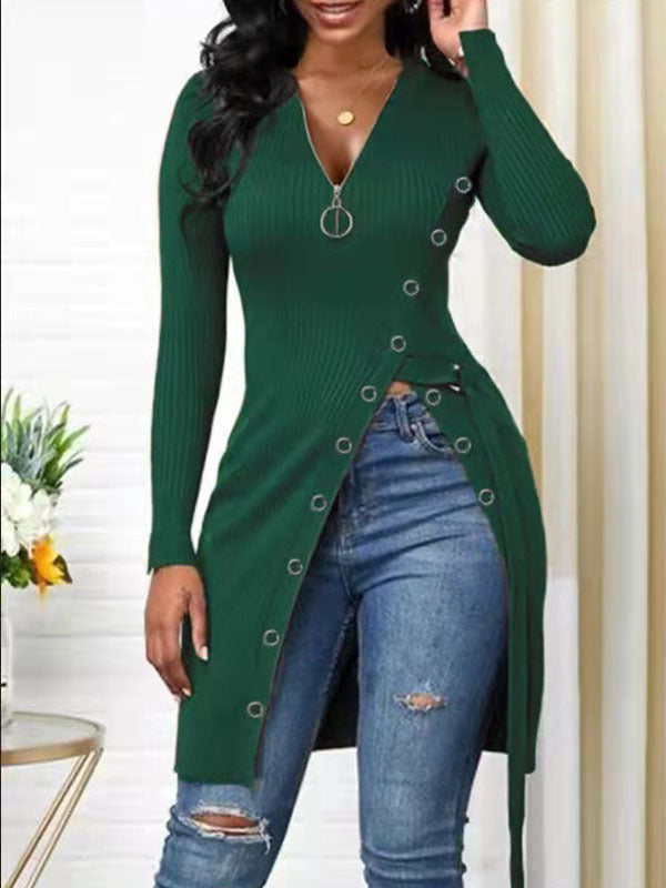 Pre-Order Autumn Winter Women Clothing V-neck Long Sleeve High Slit Thread Zipper T-shirt Top