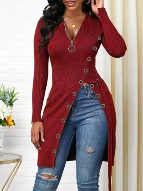 Pre-Order Autumn Winter Women Clothing V-neck Long Sleeve High Slit Thread Zipper T-shirt Top