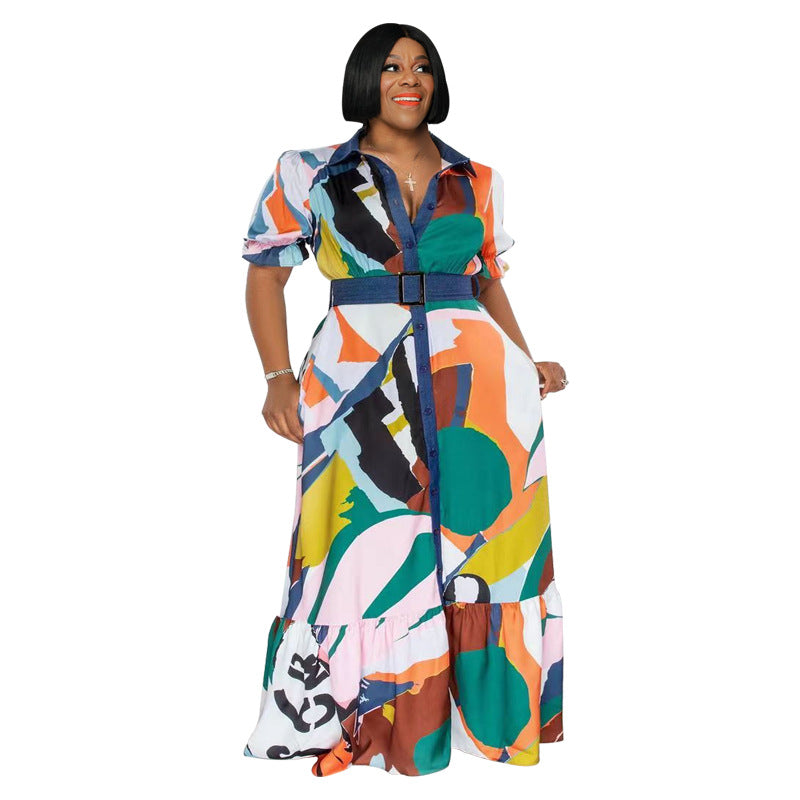 Pre-Order Curvy Size Color Printing with Belt Loose Women Clothing Dress