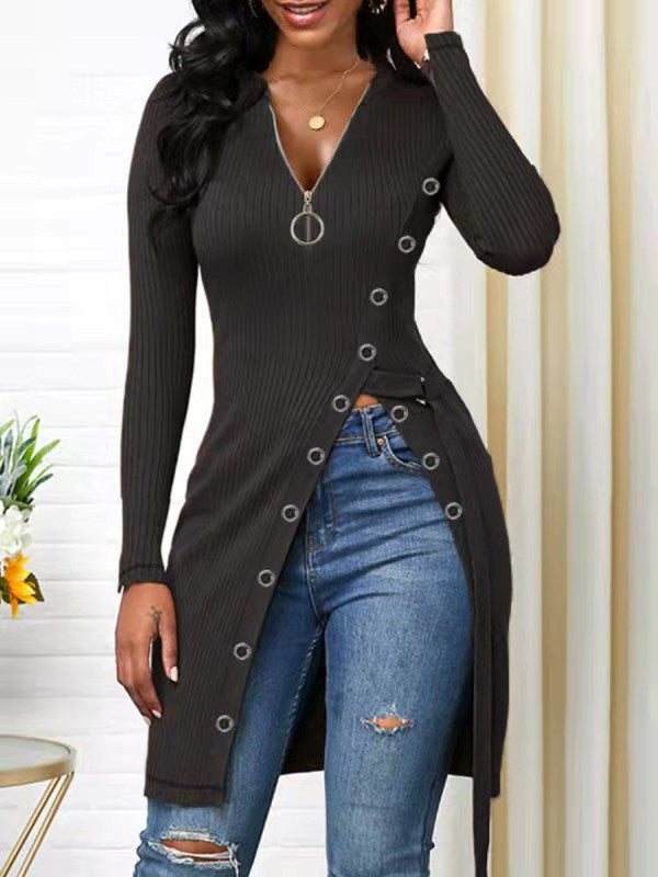 Pre-Order Autumn Winter Women Clothing V-neck Long Sleeve High Slit Thread Zipper T-shirt Top