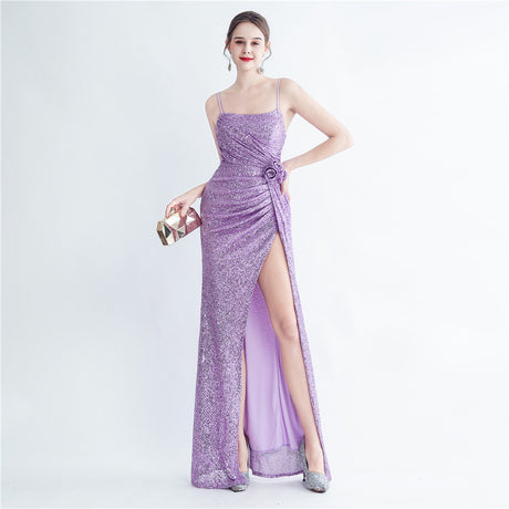 Gathers Sequ Handmade Floral Split Sling Simple Evening Dress