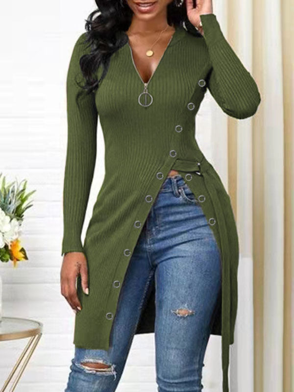 Pre-Order Autumn Winter Women Clothing V-neck Long Sleeve High Slit Thread Zipper T-shirt Top