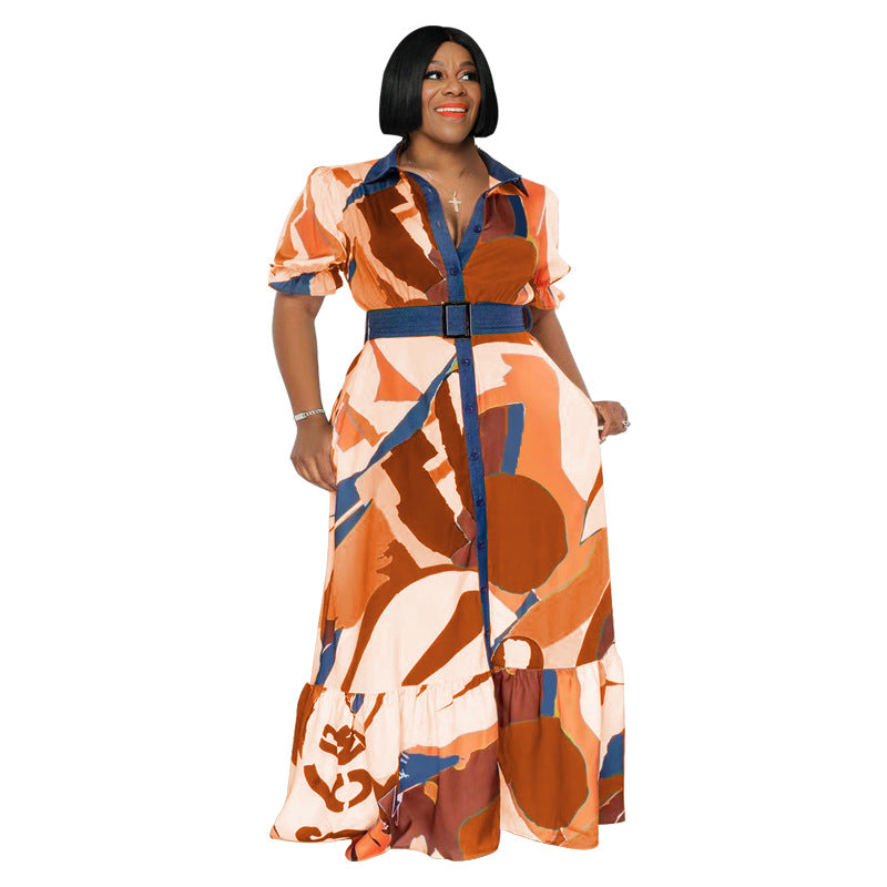 Pre-Order Curvy Size Color Printing with Belt Loose Women Clothing Dress