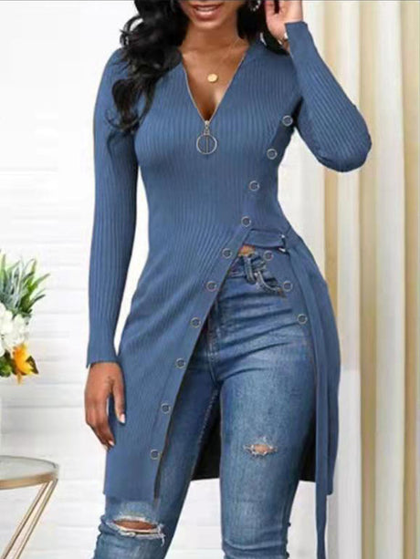 Pre-Order Autumn Winter Women Clothing V-neck Long Sleeve High Slit Thread Zipper T-shirt Top