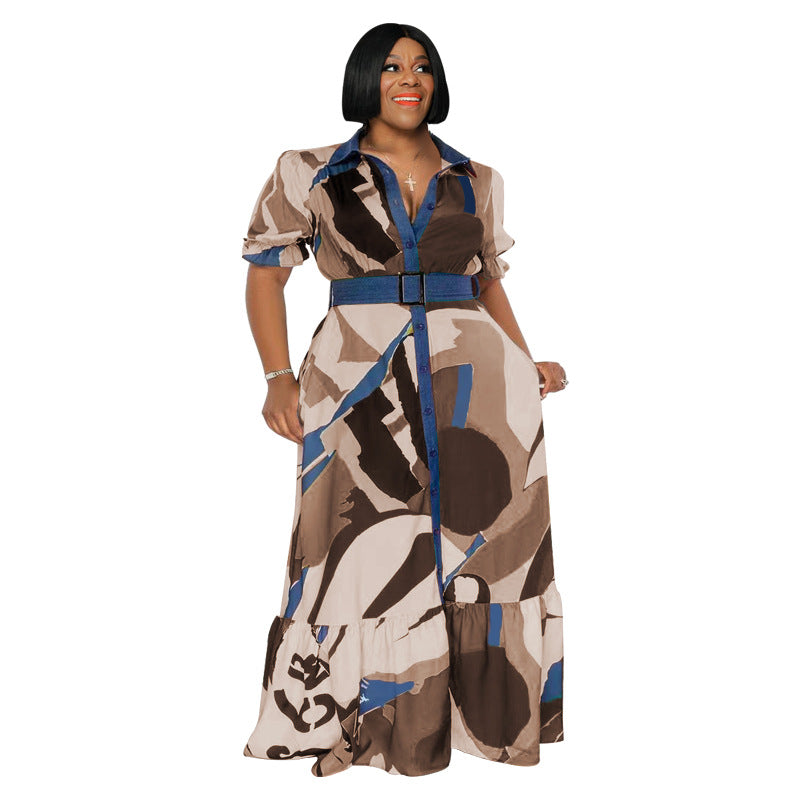 Pre-Order Curvy Size Color Printing with Belt Loose Women Clothing Dress