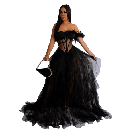 Women Wear Solid Color Sleeveless Chest Wrap Mesh Maxi Dress Dress