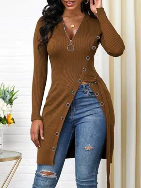 Pre-Order Autumn Winter Women Clothing V-neck Long Sleeve High Slit Thread Zipper T-shirt Top