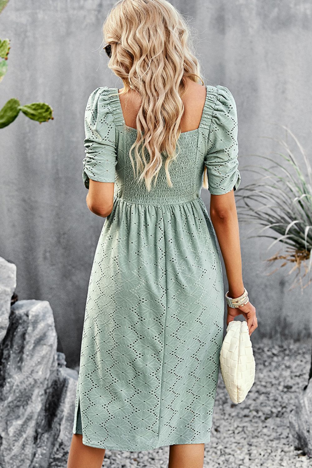Eyelet Square Neck Puff Sleeve Dress