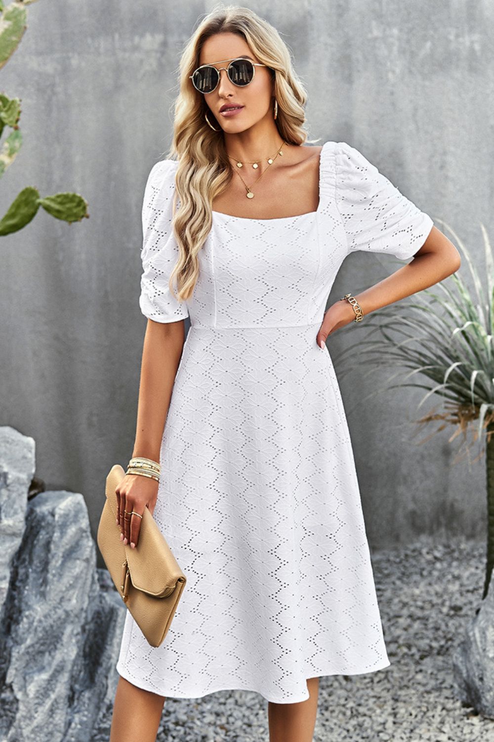 Eyelet Square Neck Puff Sleeve Dress