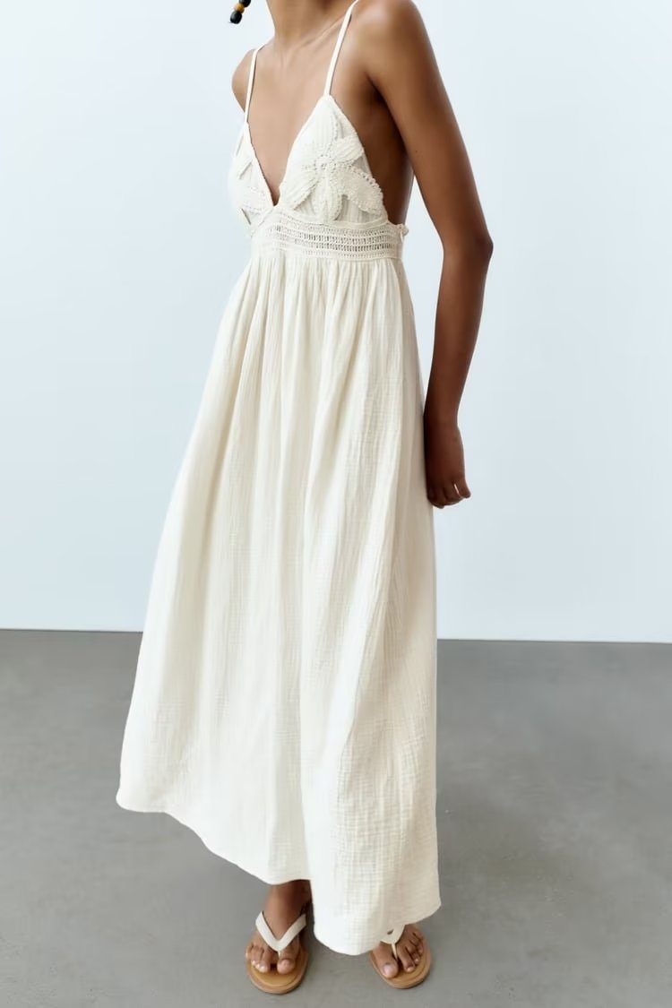 Women  Same Color Stitching Crochet Decoration Adjustable Spaghetti Strap V neck Strap Dress