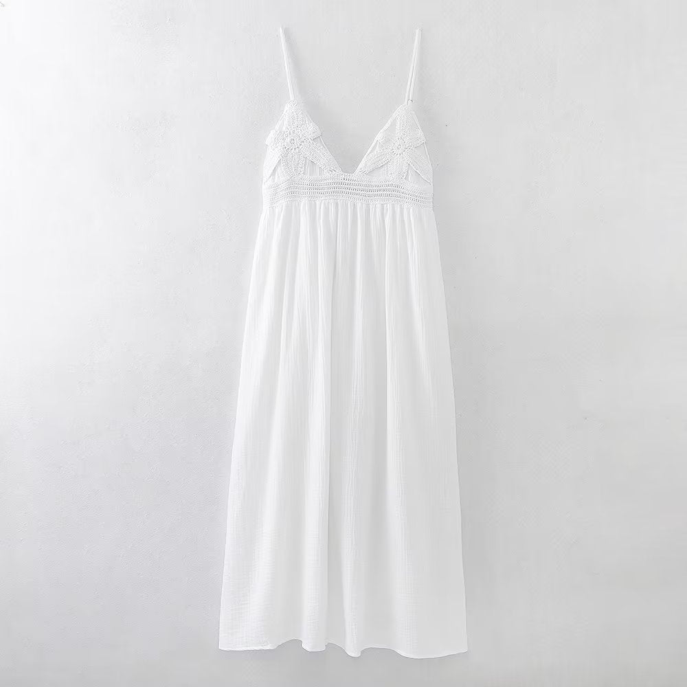 Women  Same Color Stitching Crochet Decoration Adjustable Spaghetti Strap V neck Strap Dress