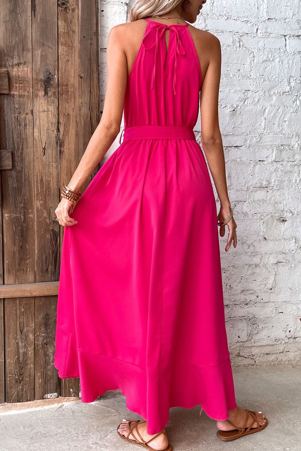 Opulence EmpórionBelted Crochet Yoke Frill Trim Dress