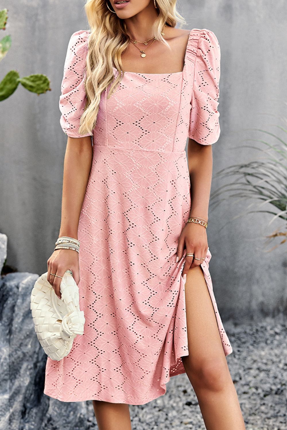 Eyelet Square Neck Puff Sleeve Dress