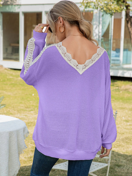Women's Solid Color Cutout Lace Panel Waffle V-Neck Top
