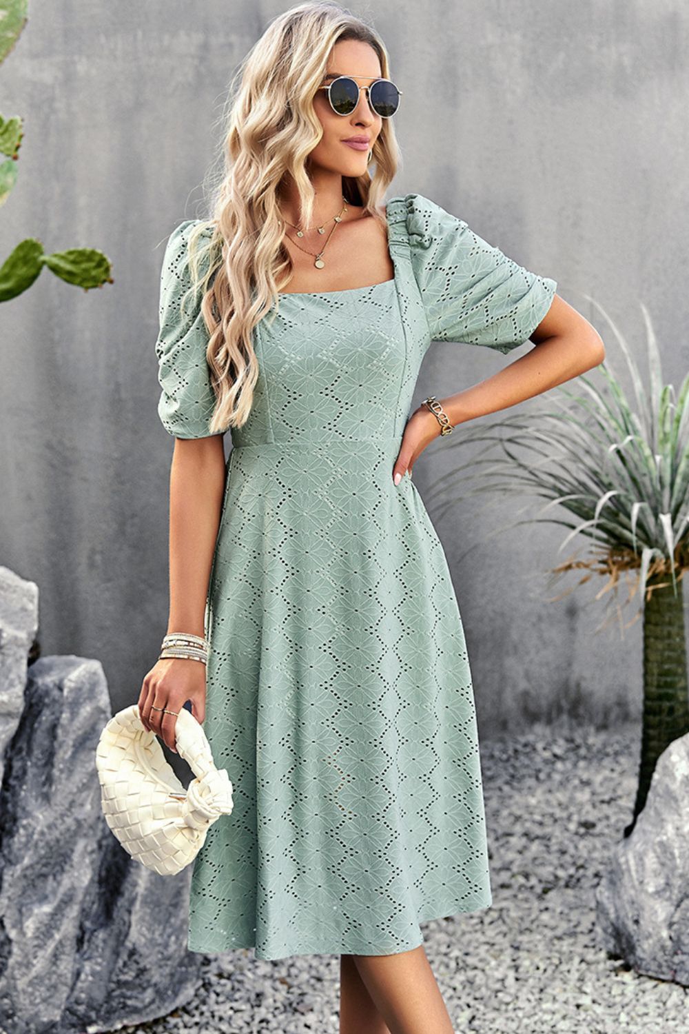 Eyelet Square Neck Puff Sleeve Dress