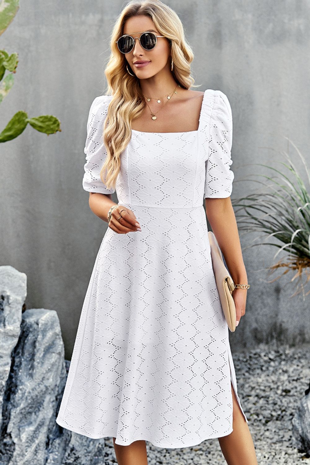 Eyelet Square Neck Puff Sleeve Dress