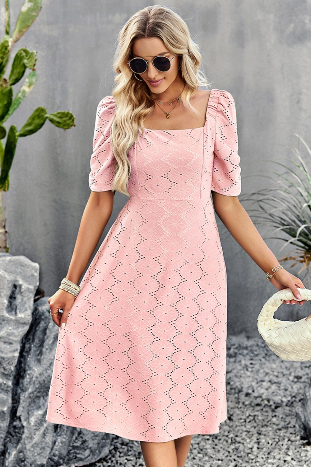Eyelet Square Neck Puff Sleeve Dress