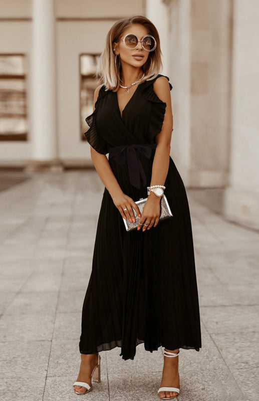 Slim Fit Sexy Lotus Leaf Sleeve Chiffon Pleated Skirt Solid Color Dress