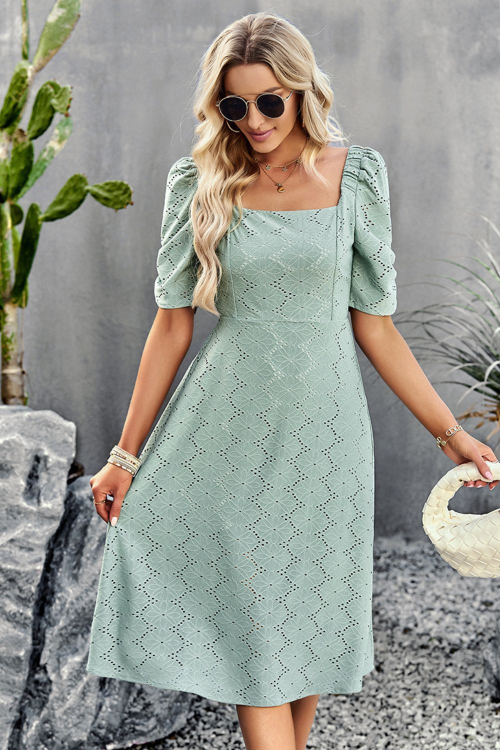 Eyelet Square Neck Puff Sleeve Dress