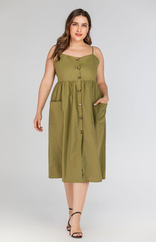 Women's Button Pocket Solid Color Slip Dress