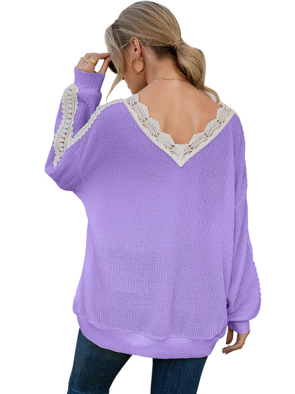 Women's Solid Color Cutout Lace Panel Waffle V-Neck Top