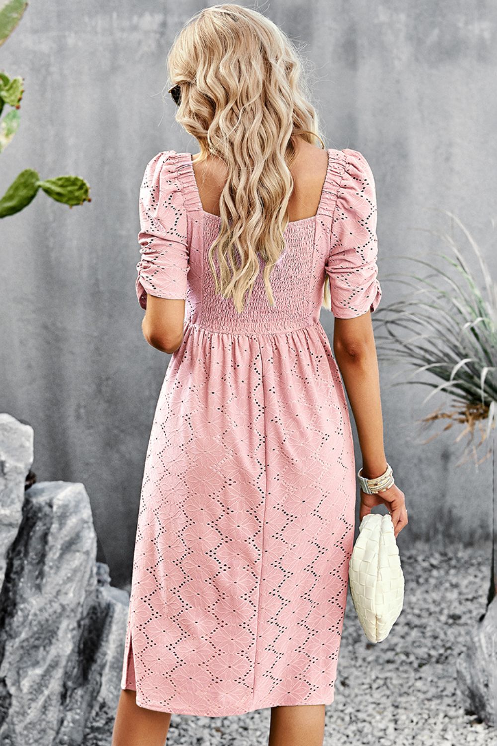 Eyelet Square Neck Puff Sleeve Dress