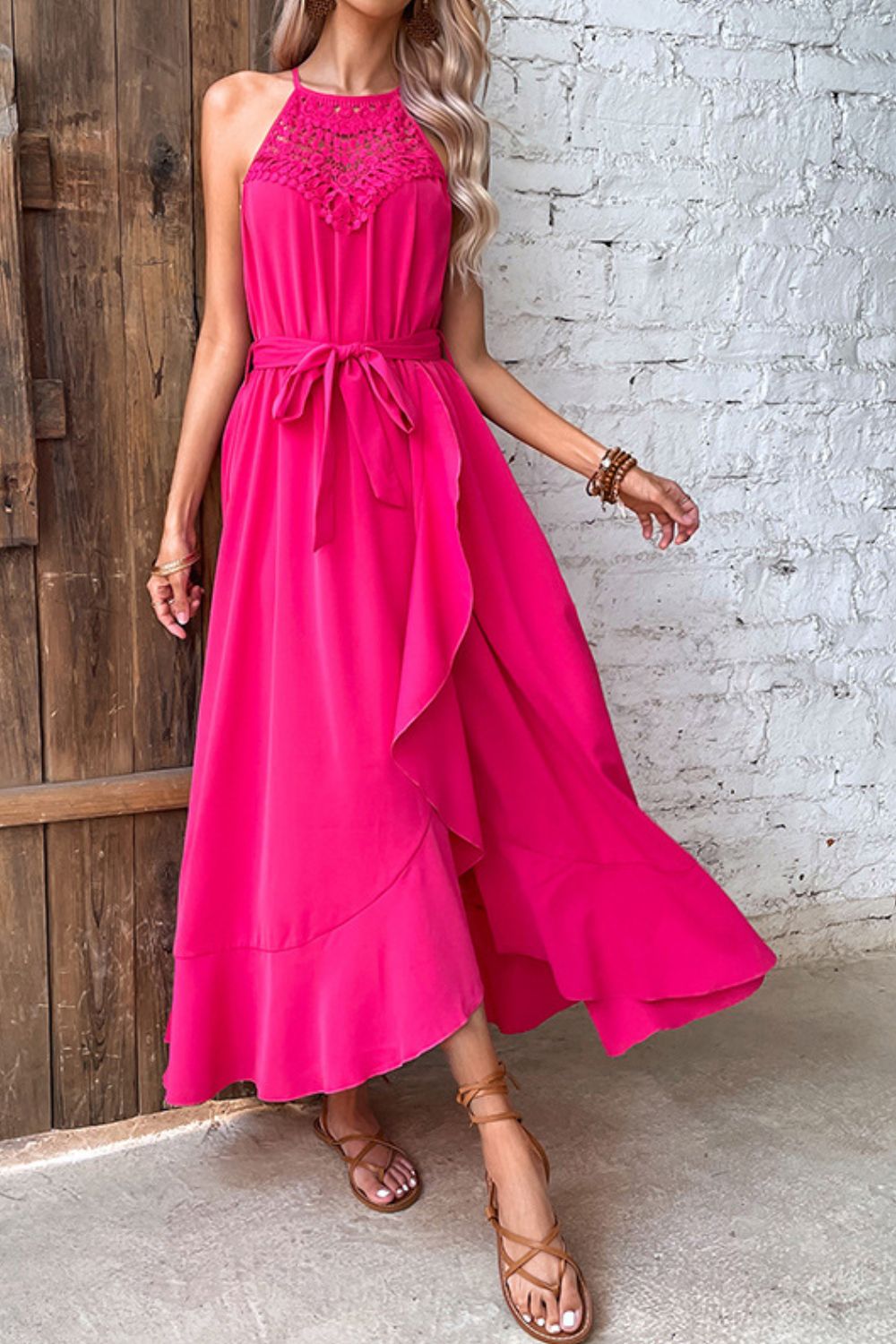 Opulence EmpórionBelted Crochet Yoke Frill Trim Dress