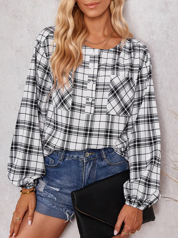 Women's fashion check Round Neck Shirt