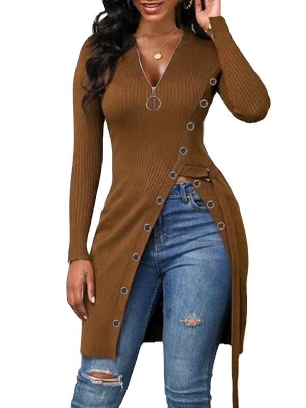 Pre-Order Autumn Winter Women Clothing V-neck Long Sleeve High Slit Thread Zipper T-shirt Top