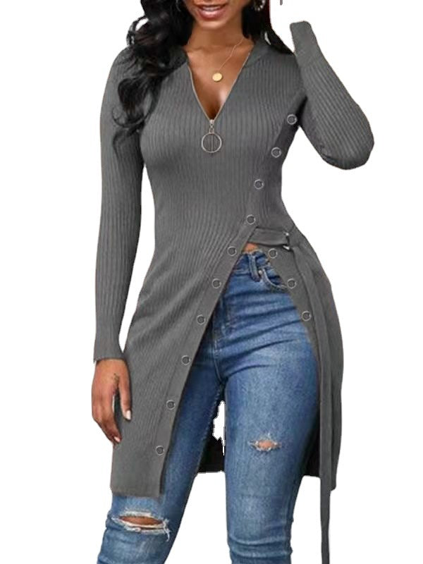 Pre-Order Autumn Winter Women Clothing V-neck Long Sleeve High Slit Thread Zipper T-shirt Top