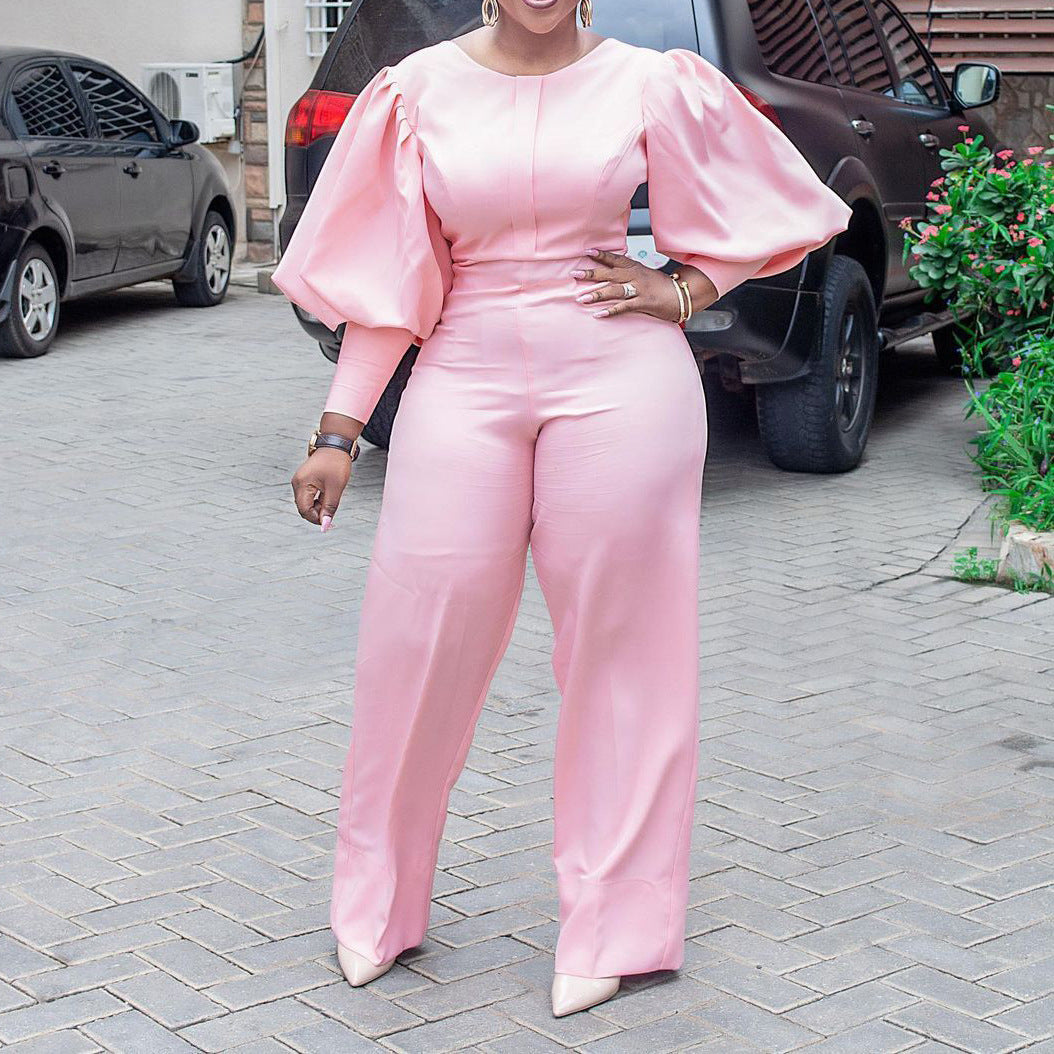 Pre-Order Autumn Winter Office High Waist Straight Solid Color African Jumpsuit Mom Wear Curvy Size