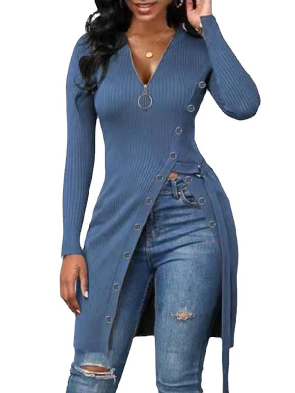 Pre-Order Autumn Winter Women Clothing V-neck Long Sleeve High Slit Thread Zipper T-shirt Top