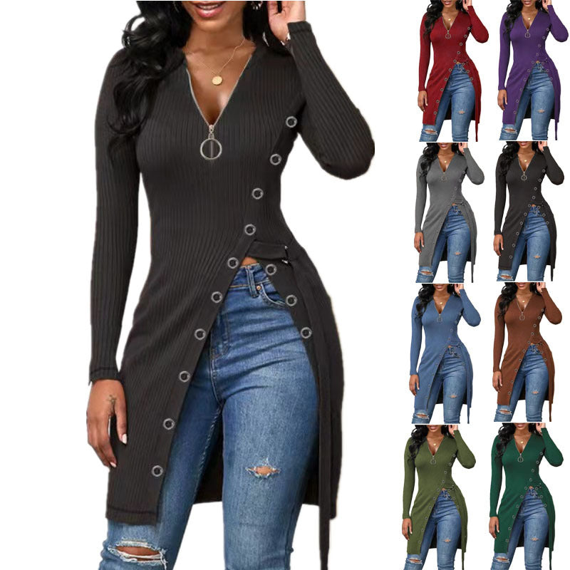 Pre-Order Autumn Winter Women Clothing V-neck Long Sleeve High Slit Thread Zipper T-shirt Top