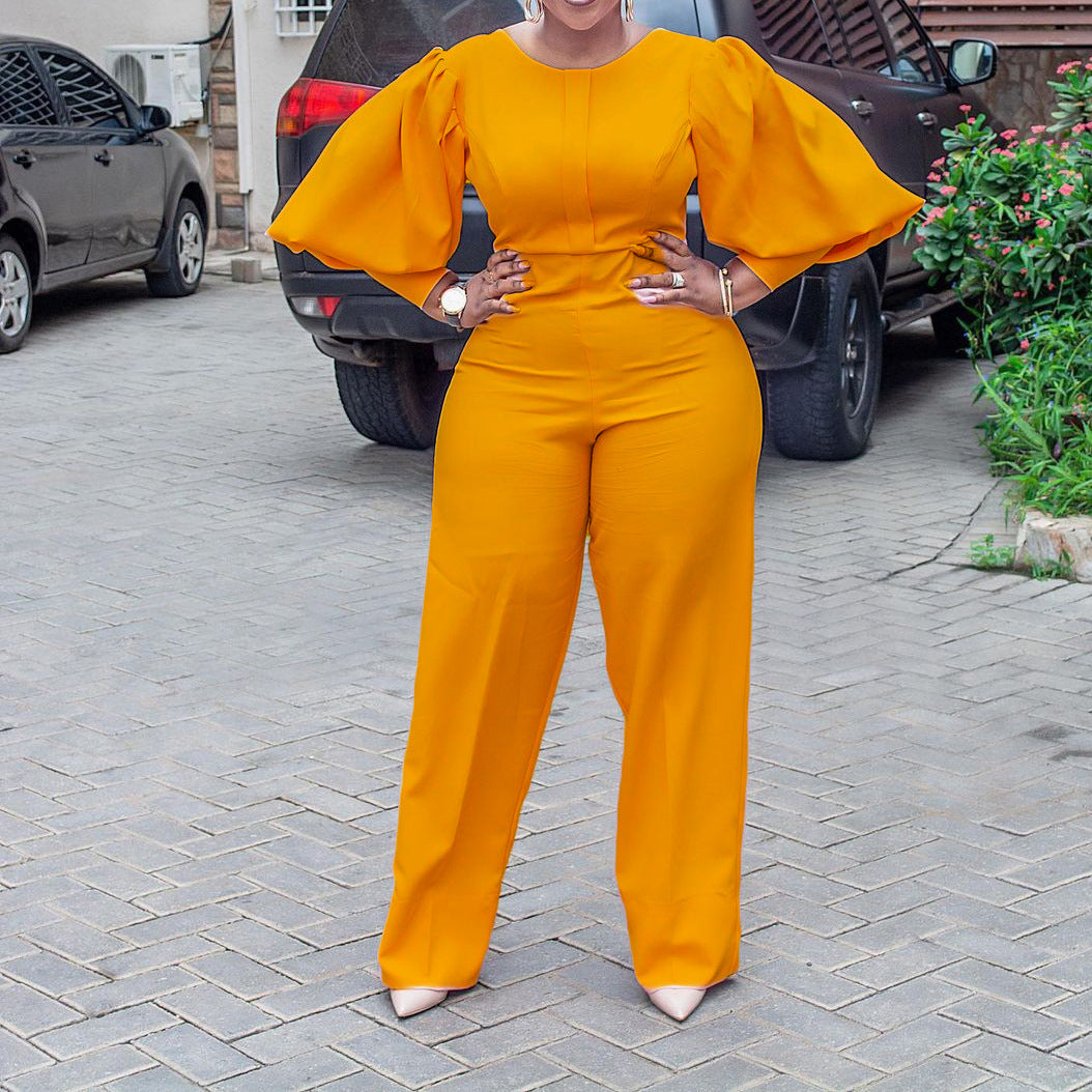 Pre-Order Autumn Winter Office High Waist Straight Solid Color African Jumpsuit Mom Wear Curvy Size