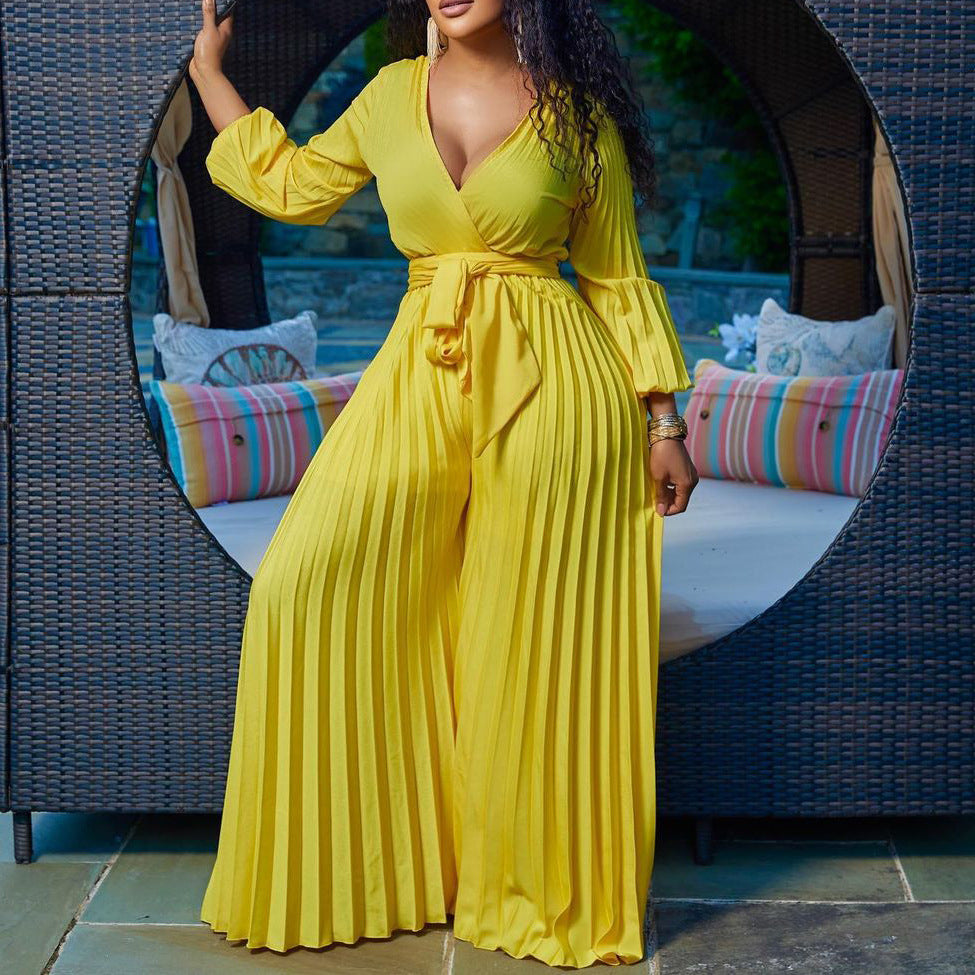 Pre-Order Summer V neck Sexy Lace up Pleated Wide Leg Jumpsuit
