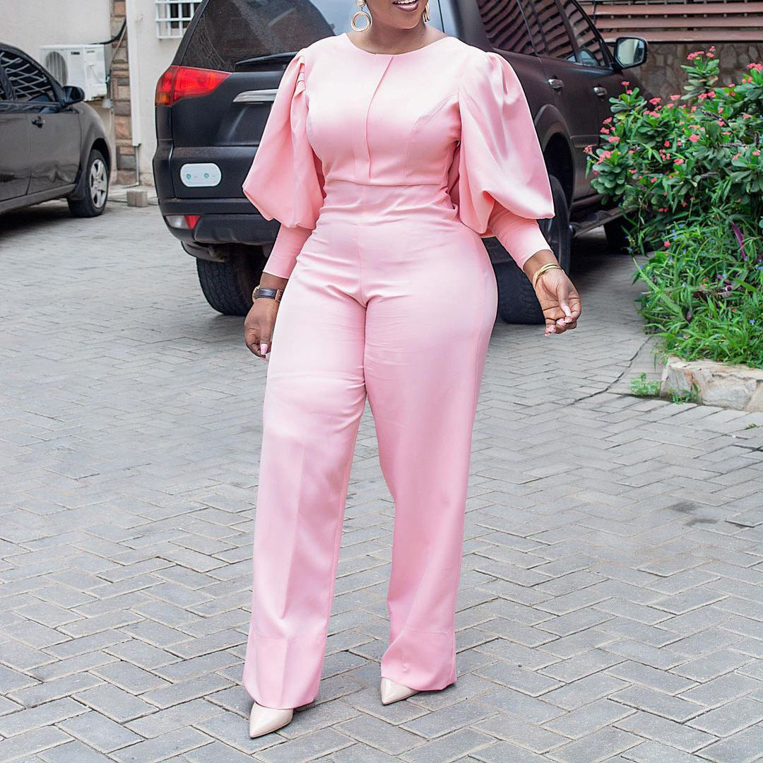 Pre-Order Autumn Winter Office High Waist Straight Solid Color African Jumpsuit Mom Wear Curvy Size