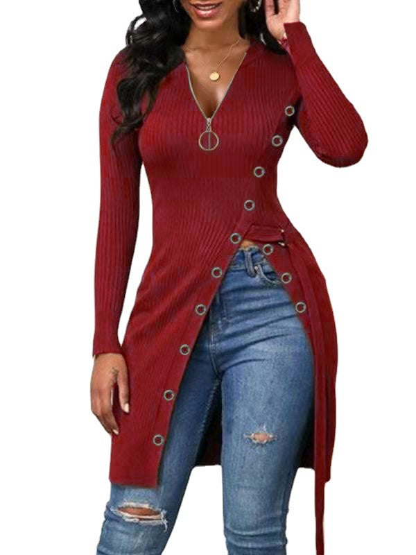 Pre-Order Autumn Winter Women Clothing V-neck Long Sleeve High Slit Thread Zipper T-shirt Top