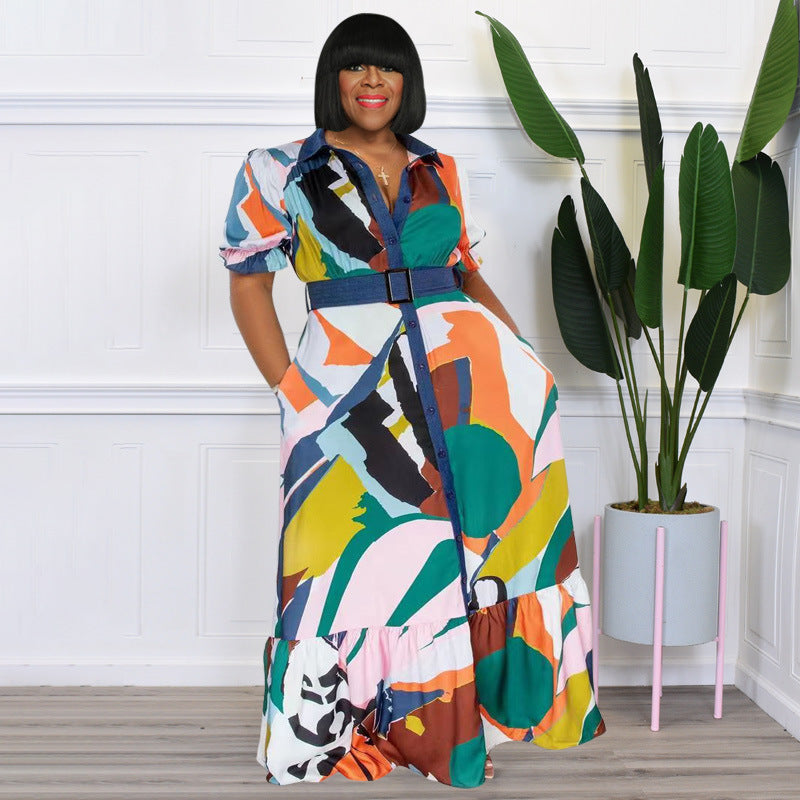 Pre-Order Curvy Size Color Printing with Belt Loose Women Clothing Dress