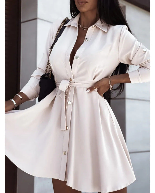 Women's Solid Color Button Down Belted Mini Shirt Dress