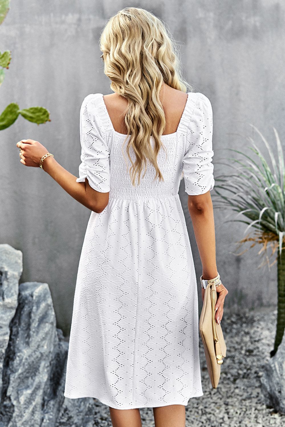Eyelet Square Neck Puff Sleeve Dress