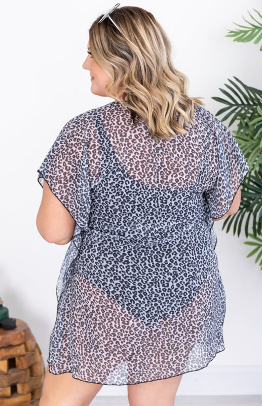 Leopard Print Drawstring Ruffled Plus Size Kimono