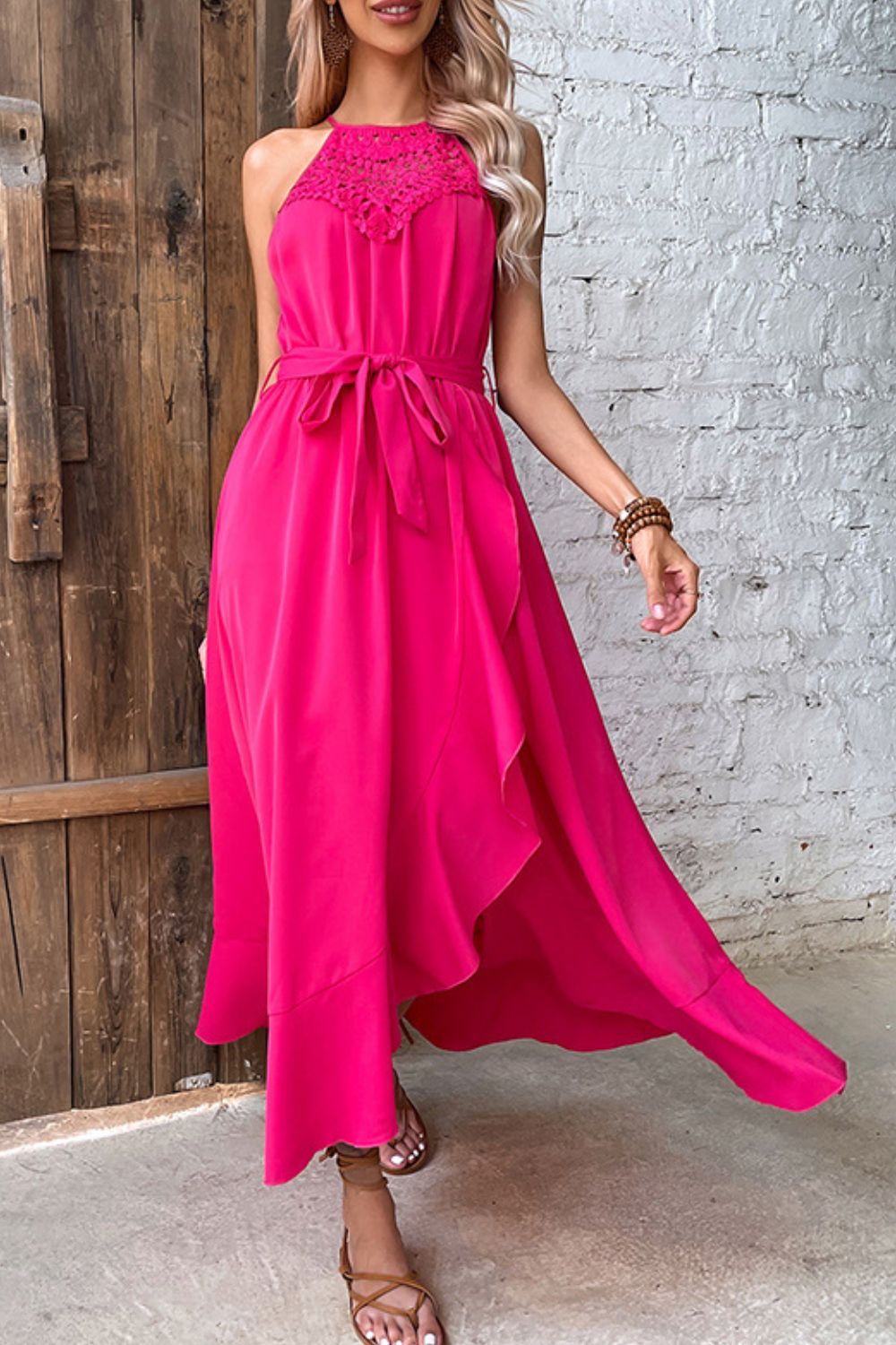 Opulence EmpórionBelted Crochet Yoke Frill Trim Dress