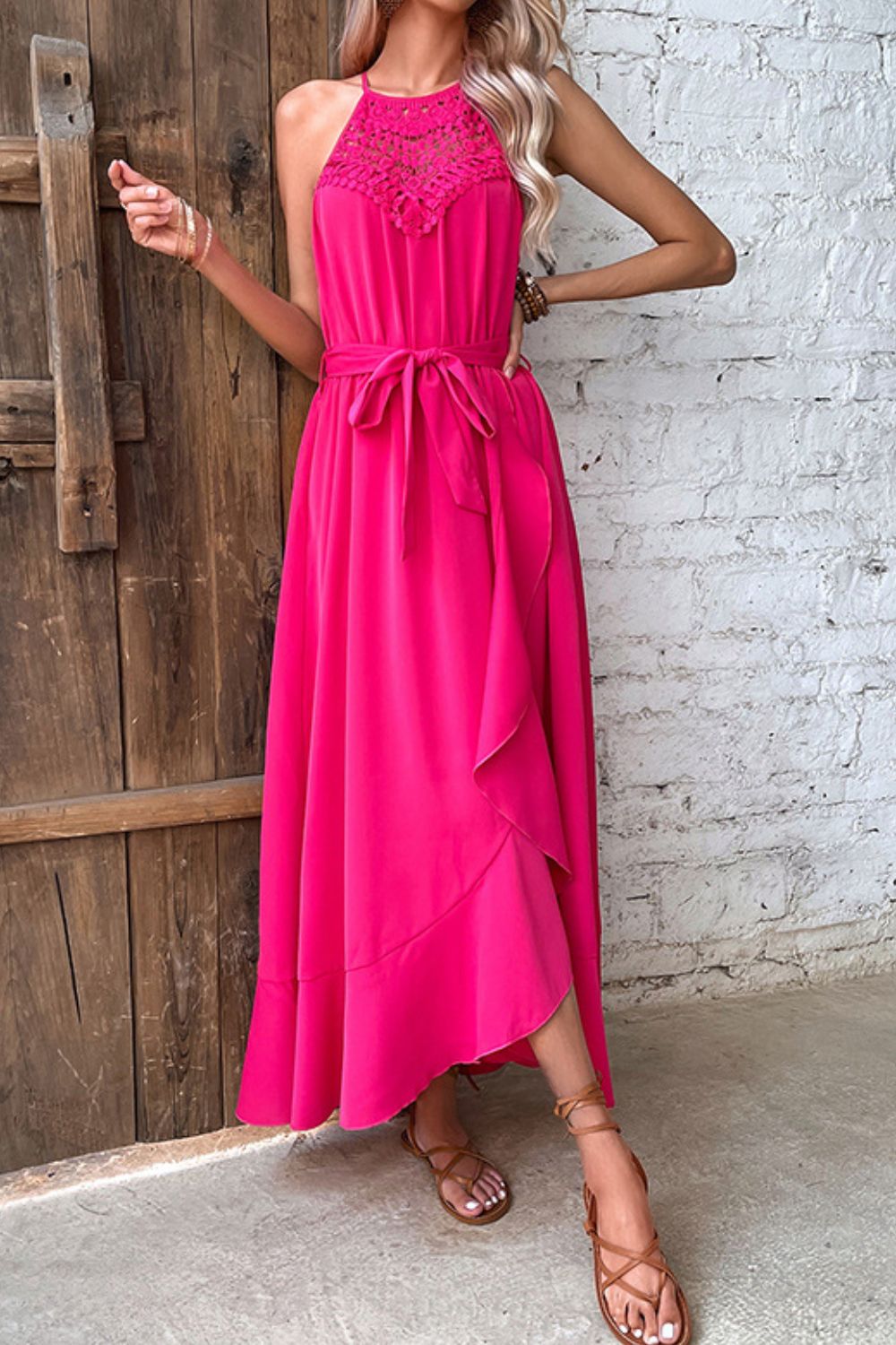 Opulence EmpórionBelted Crochet Yoke Frill Trim Dress