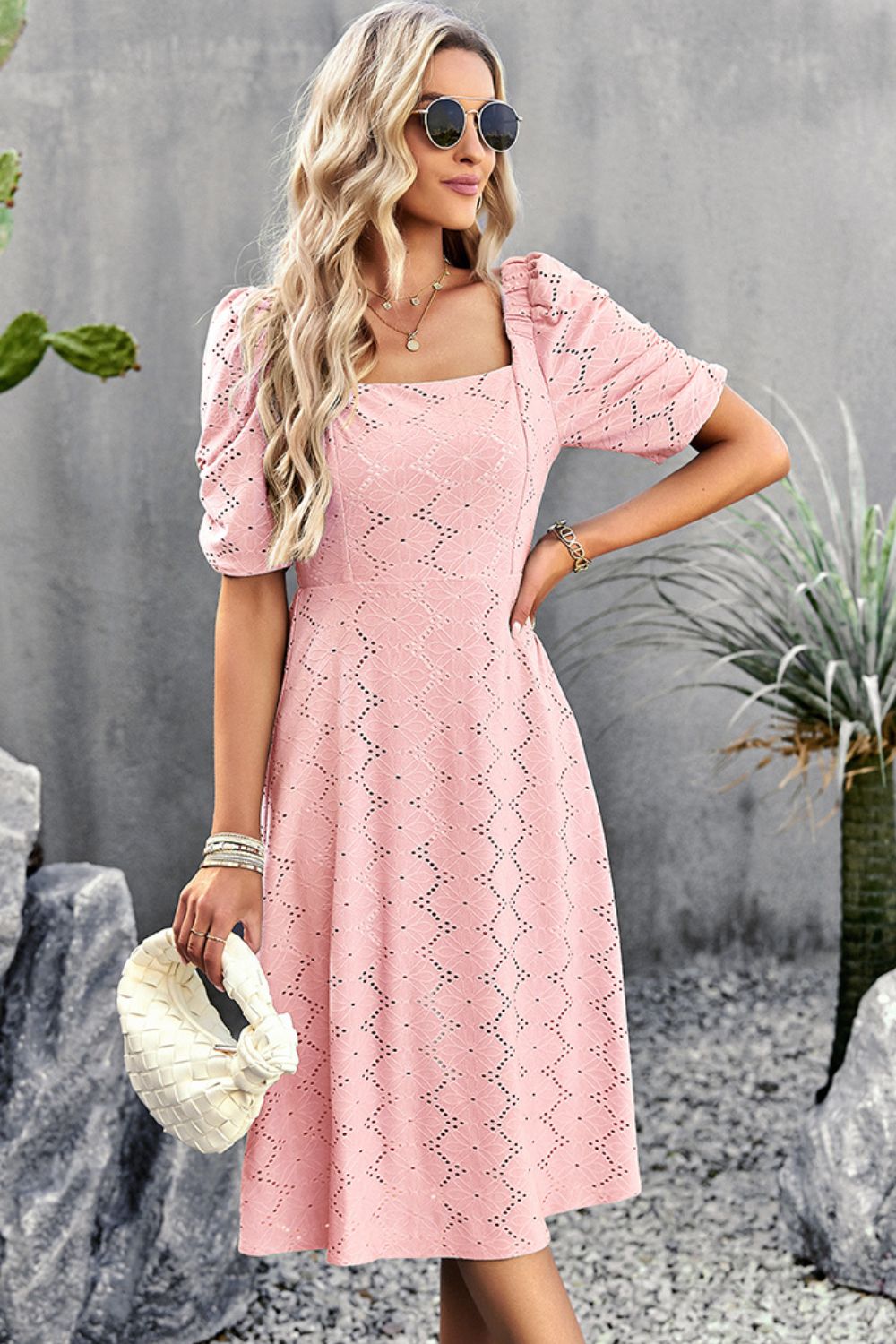 Eyelet Square Neck Puff Sleeve Dress