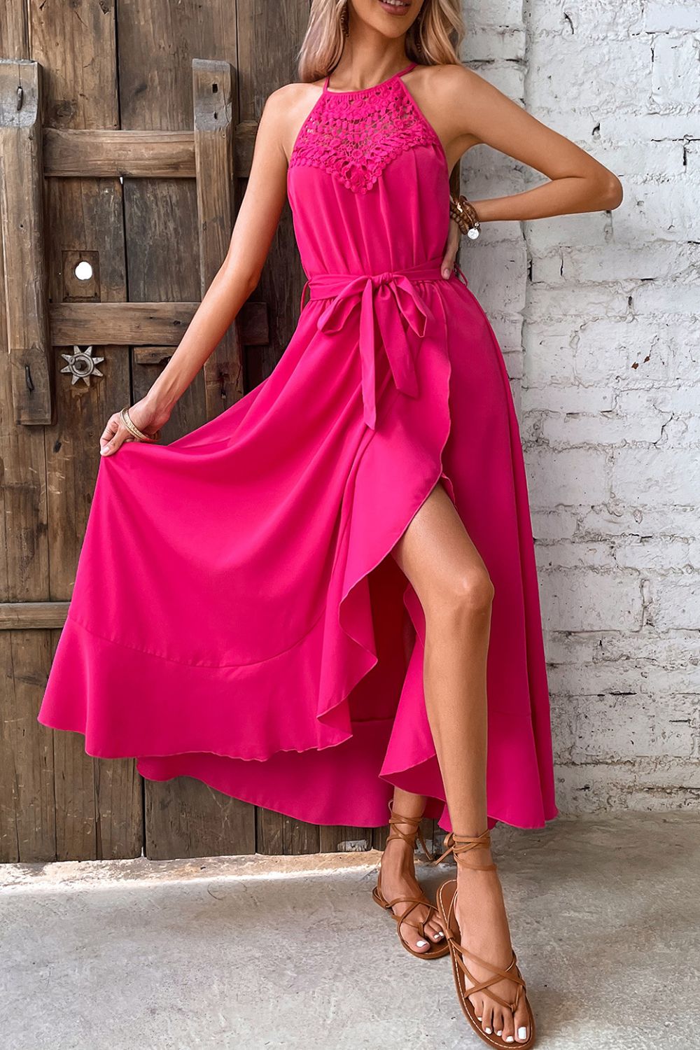 Opulence EmpórionBelted Crochet Yoke Frill Trim Dress