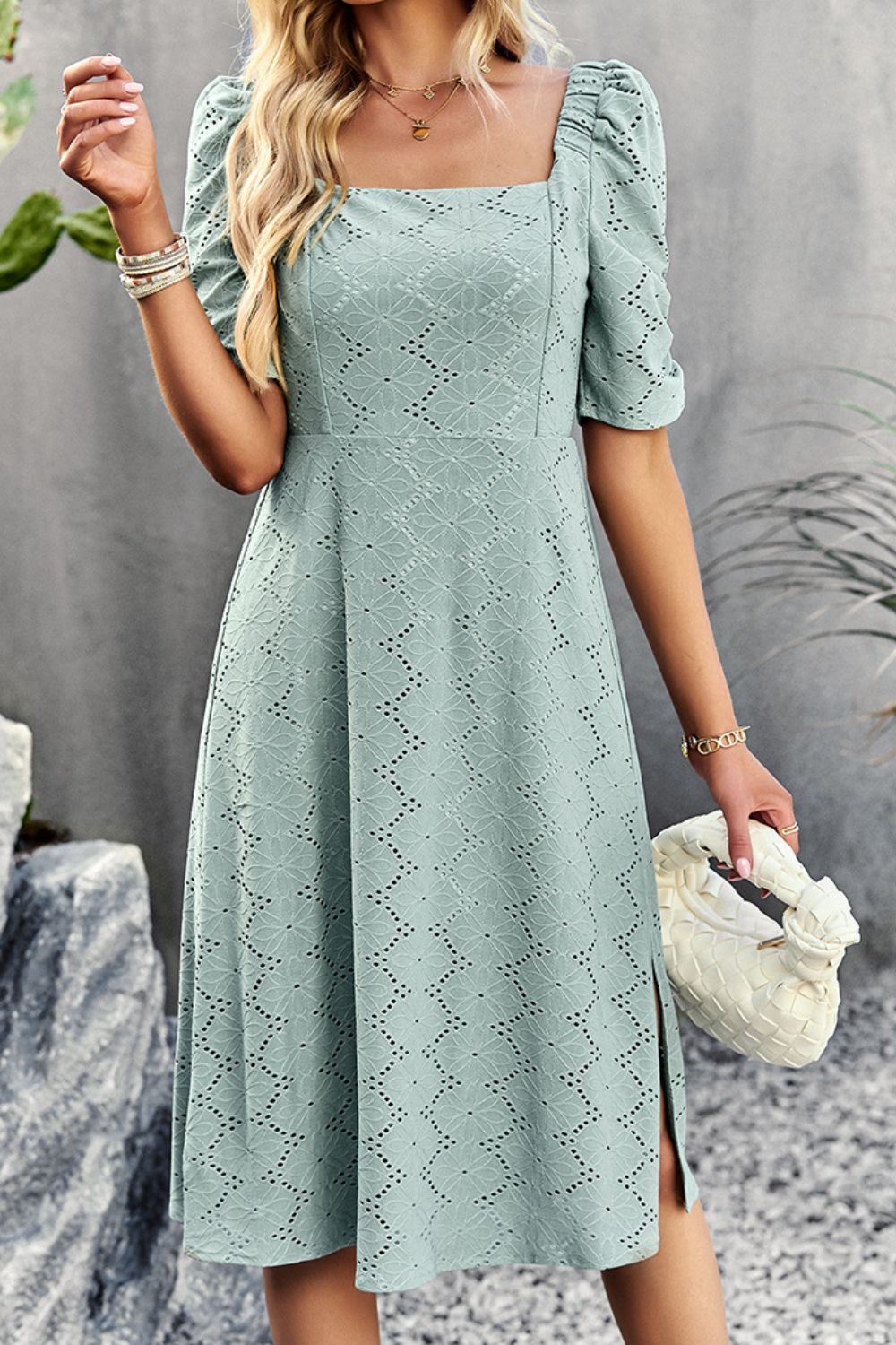 Eyelet Square Neck Puff Sleeve Dress